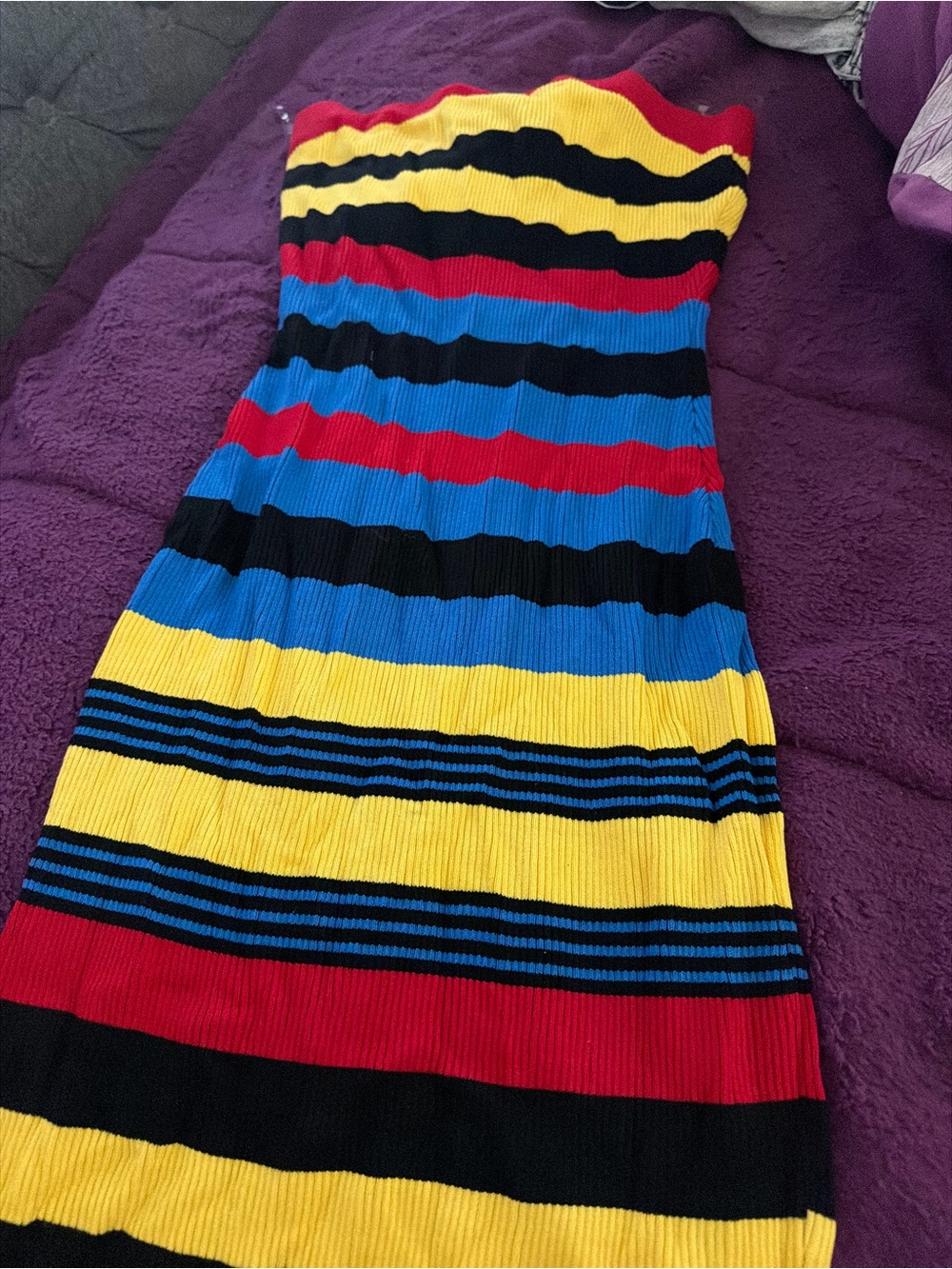 AKIRA Strapless Ribbed Multicolor Stripe Dress - Yellow, Blue, Red, Black
